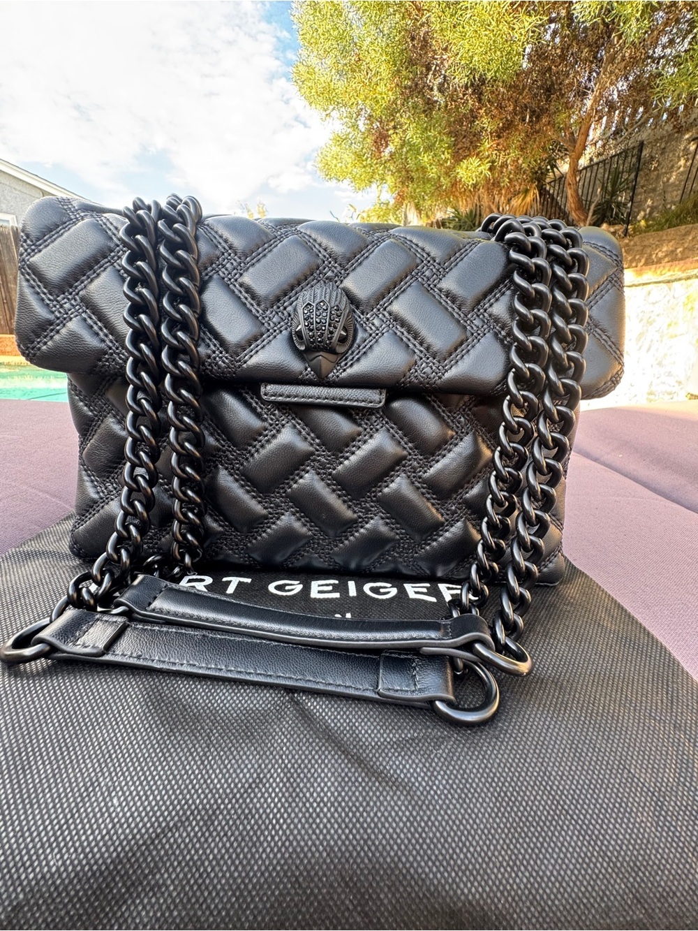 Kurt Geiger Kensington Drench Black Quilted Large Shoulder Bag with Duster VGUC